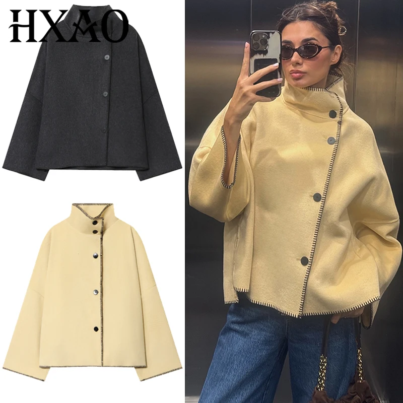 

HXAO Шерстяная куртка большого размера Женская куртка Желтый темно-серый Верхняя одежда Новые пальто и куртки Водолазка на пуговицах Пальто с длинными рукавами