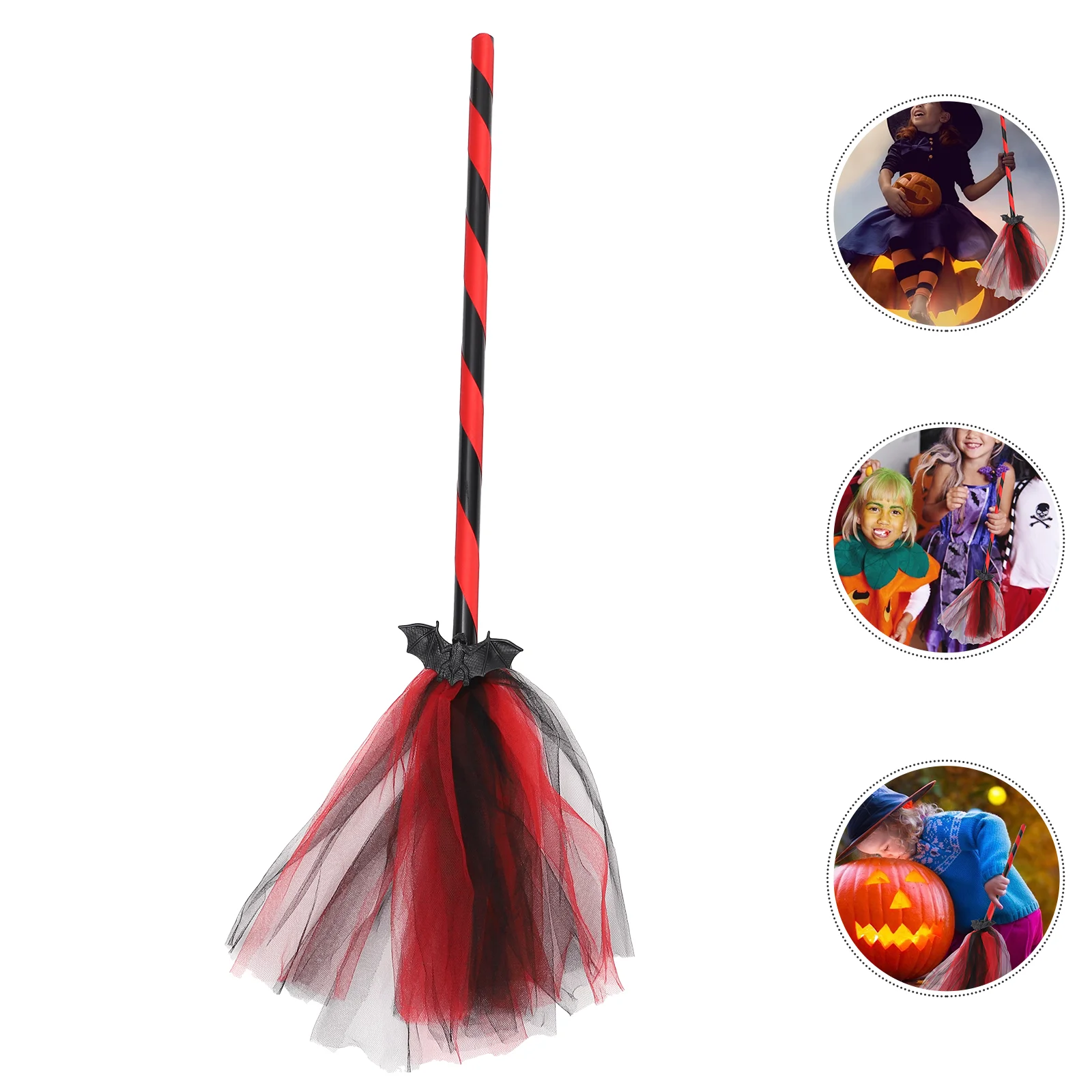 Bat Mesh Broom Halloween Besom Cosplay for Decor Props Plastic Ribbon Striped Handle Child