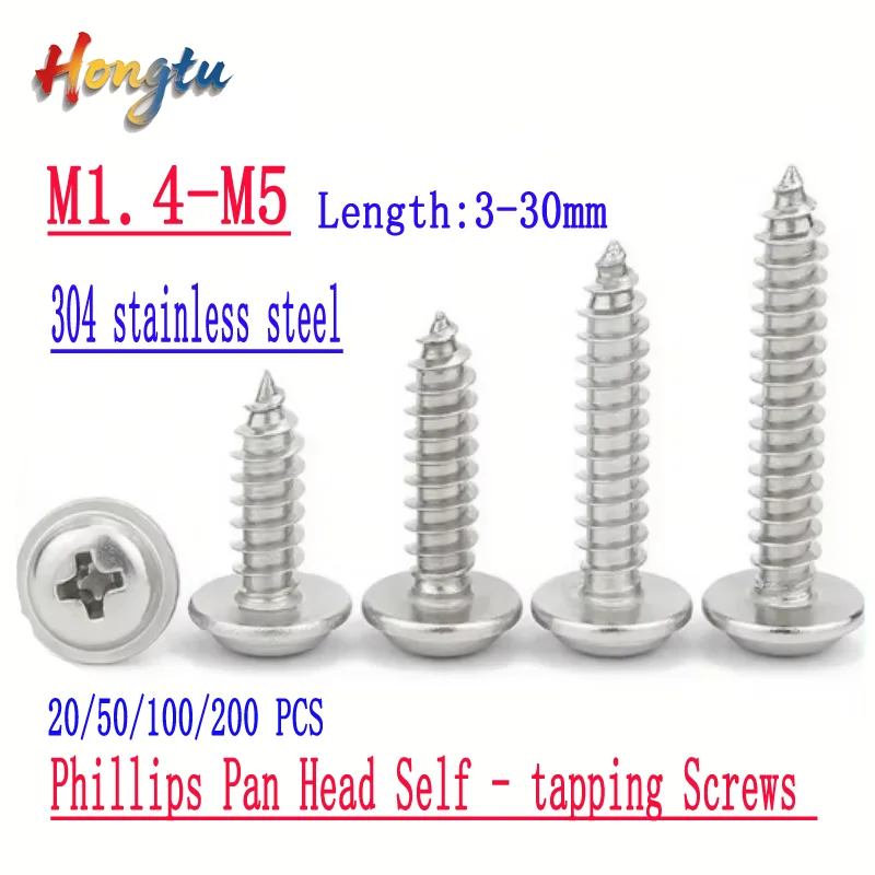 

20/50/100/200 pcs: 304 SS Cross - Phillips Pan Head Self - tapping Screws w/ Washer Collars. Sizes: M1.4, M1.7, M2.6, M3 - M5