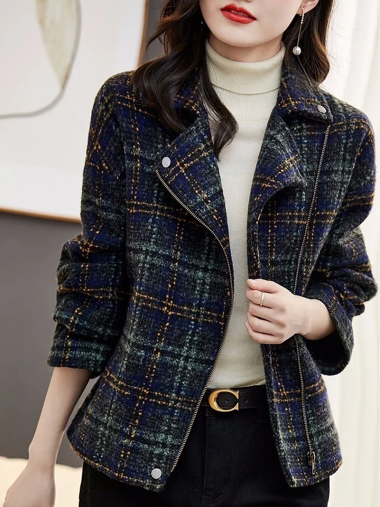 

Spring Autumn Ladies Jackets Plaid Striped Tweed Outerwear Jacket Slant Zipper Elegant Coat Japan Korea Women's Tops Streetwear