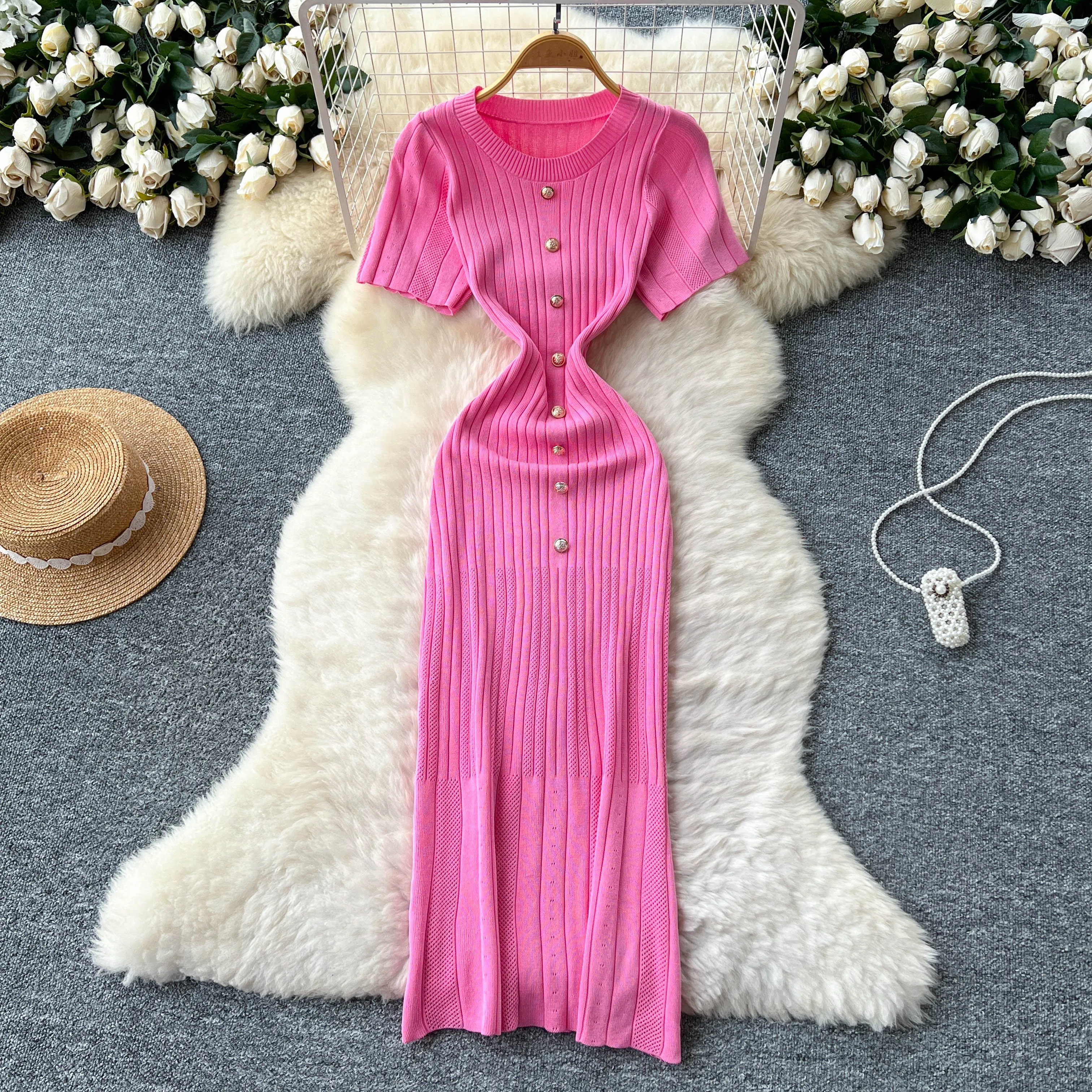 

Sexy Elastic chic Slim Knit short sleeve button O-Neck Elegant Women Summer Korean Fashion Vestidos dress