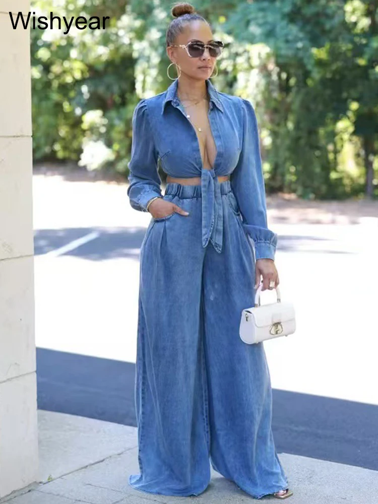 Fashion Denim 2 Pieces Pants Women Set Long Sleeve Crop Jacket and Wide Leg Jeans Suit Elegant Loose Streetwear Blue Outfit New