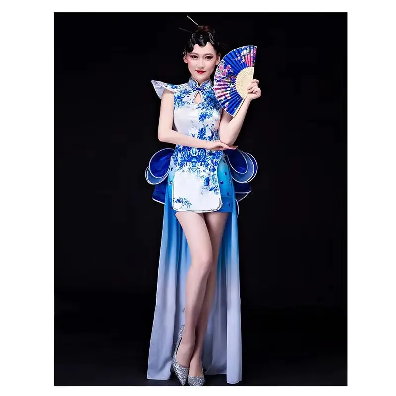 

Guzhen Performance Clothes Female Blue And White Porcelain Dance Costumes,Chinese Style Short Cheongsam With Long Big Swing Tail