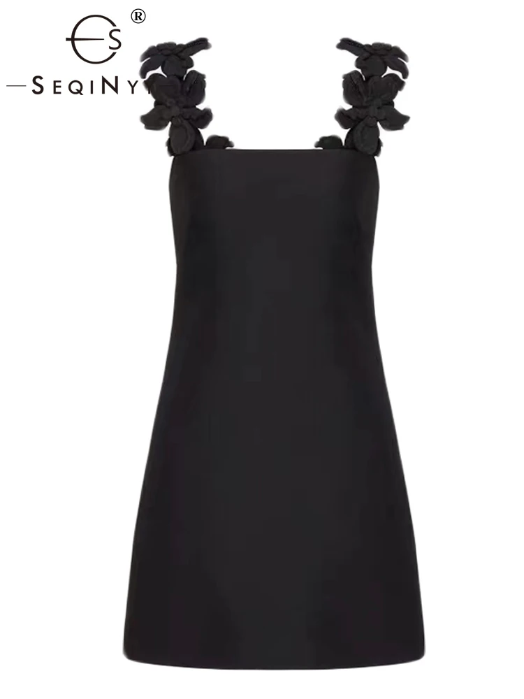 

SEQINYY Elegant Mini Dress Summer Spring New Fashion Design Women Runway Appliques Flower Strapless Office Lady Casual