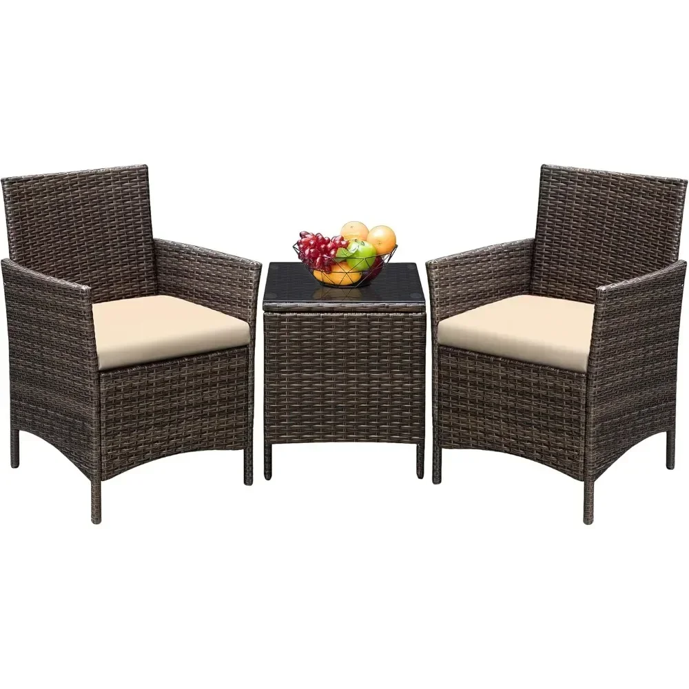 

3 Pieces Patio Furniture Sets Outdoor PE Rattan Wicker Chairs with Soft Cushion and Glass Coffee Table for Garden Backyard