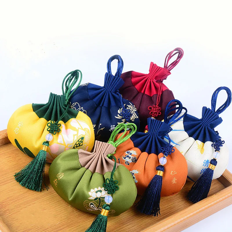 Chinese Style Tassel Sachet Antique Palace Embroidery Beam Mouth Empty Bag Portable Car Hanging Interior Jewelry Storage Bag