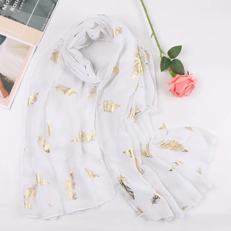 Trendy Gold Glitter Muslim Hijab Shawl Wrap Feather Printed Muslim Headscarf Female Cotton Headband Pashmina Soft Scarf Turban