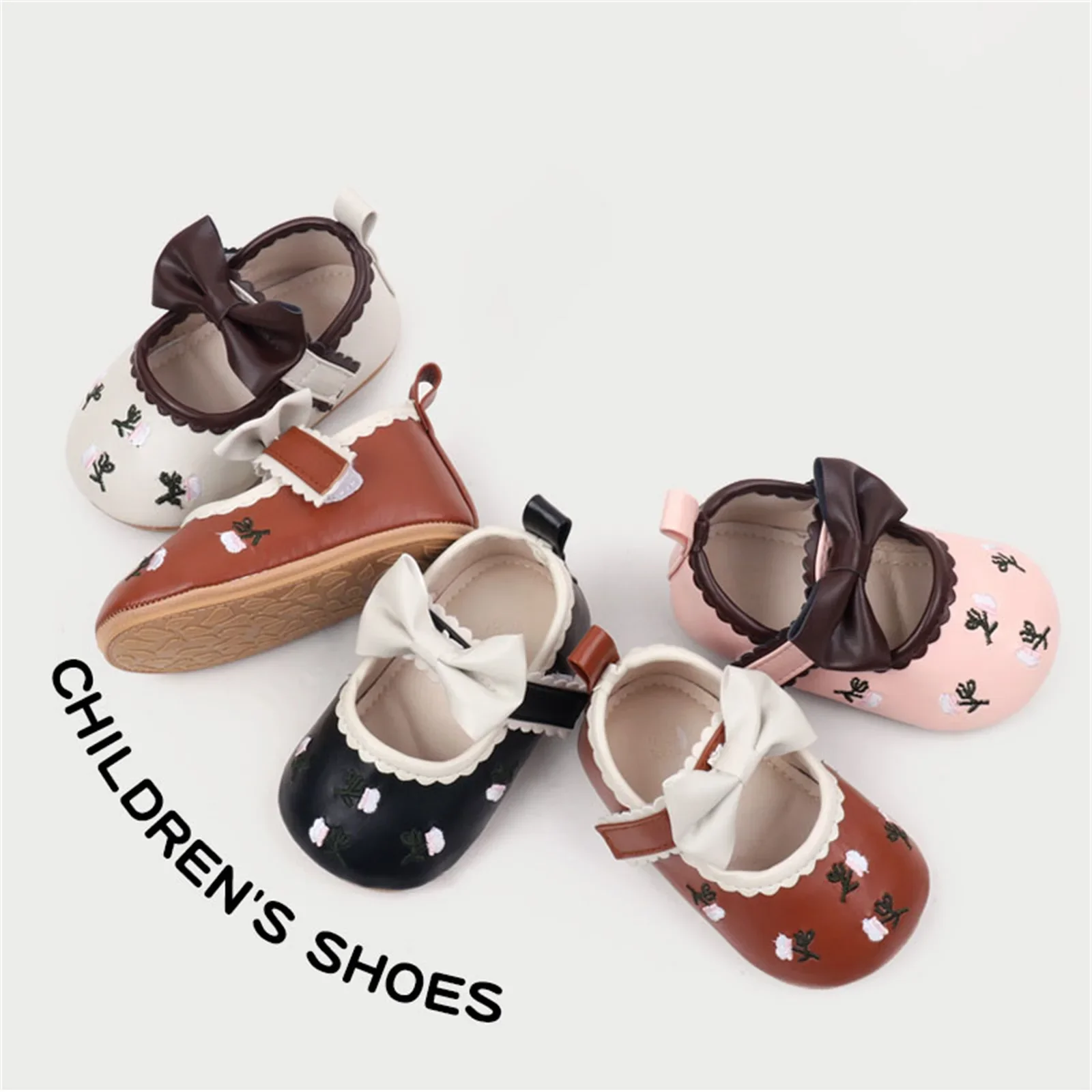 VISgogo 0-18 Months Baby Girls Mary Jane Flats Cute Floral Embroidery Dress Shoes Non-Slip Newborn Crib Shoes