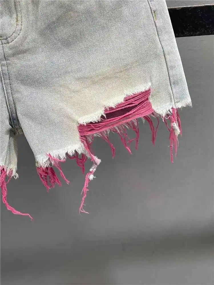 S-2XL Holes Women Short Denim Pants Summer New High Waist Pink Wide Leg Pant Zipper Fly Female Jeans Shorts