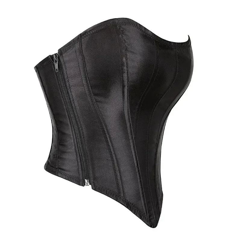 

COSda@Black Women Satin Vintage Summer Overbust Corset Plus Size Satin Lace-Up Short Bustier Top With Side Zip CorsetssCOSda@