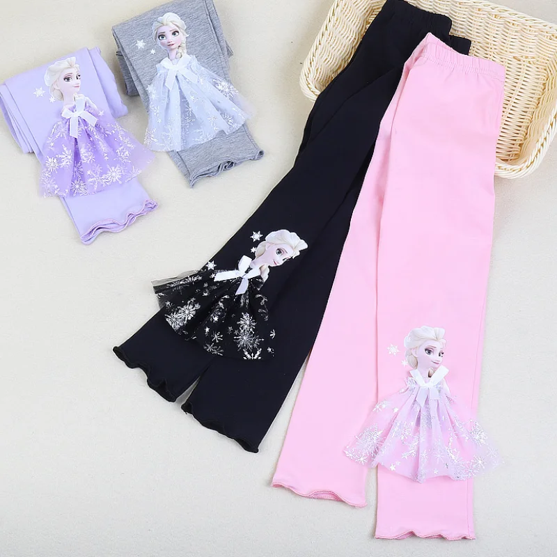 Disney Cotton Girls Pants for Children Summer Frozen Elsa Princess Pants Baby Girl Pink Blue Trouser Lace Kids Leggings