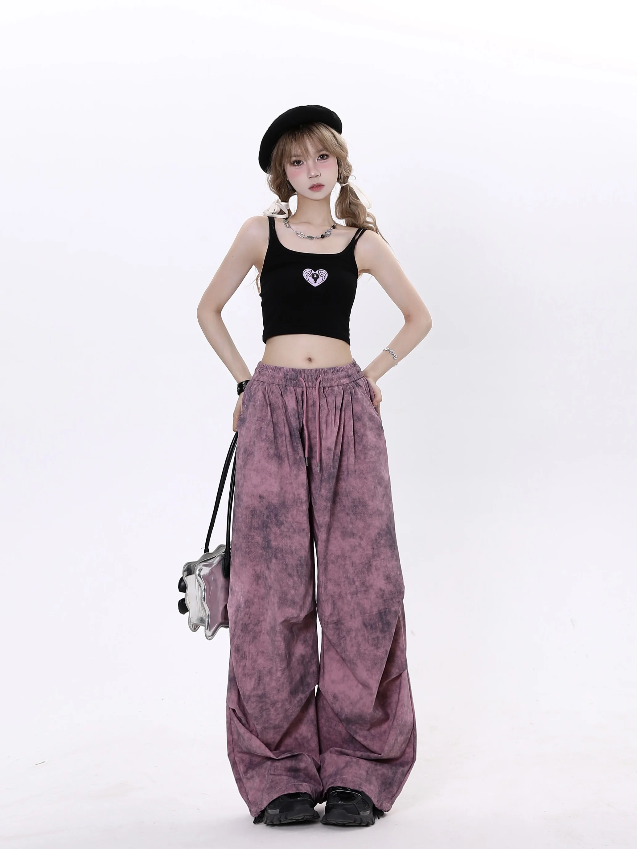 Pink Casual Pants Women's Summer Street Tie-Dye Design Draping Effect Straight-Leg Pants