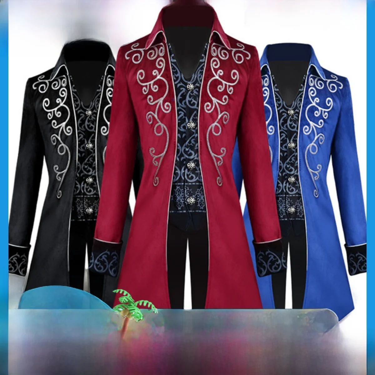

New Halloween Tailcoat Men's Mid-Length Punk Style Performance Costume Vintage Medieval Fashion Polyester Material