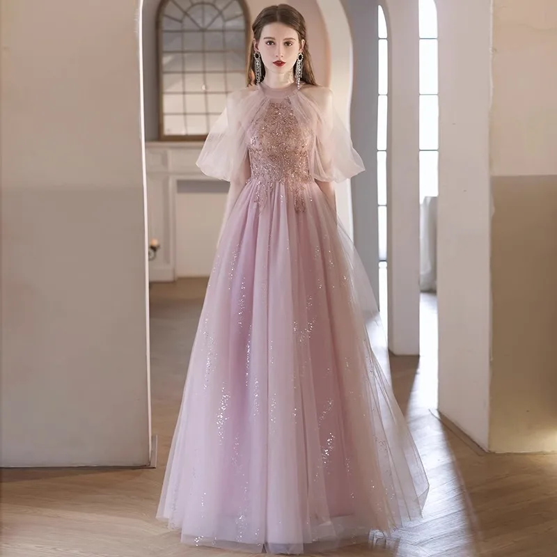 

Female 2025 New Pink Light Luxury Temperament Long Dress, Birthday Coming of Age Ceremony, High-end Banquet Evening Dress