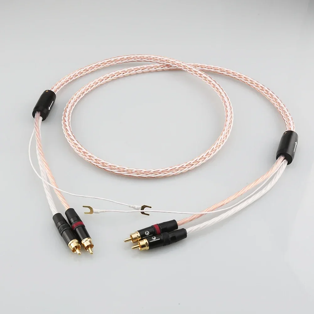 Kabel męski 8TC 2 RCA do 2 RCA kabel do fiszoramienia Audio HIFI 24k pozłacany przewód uziemienia szpadla