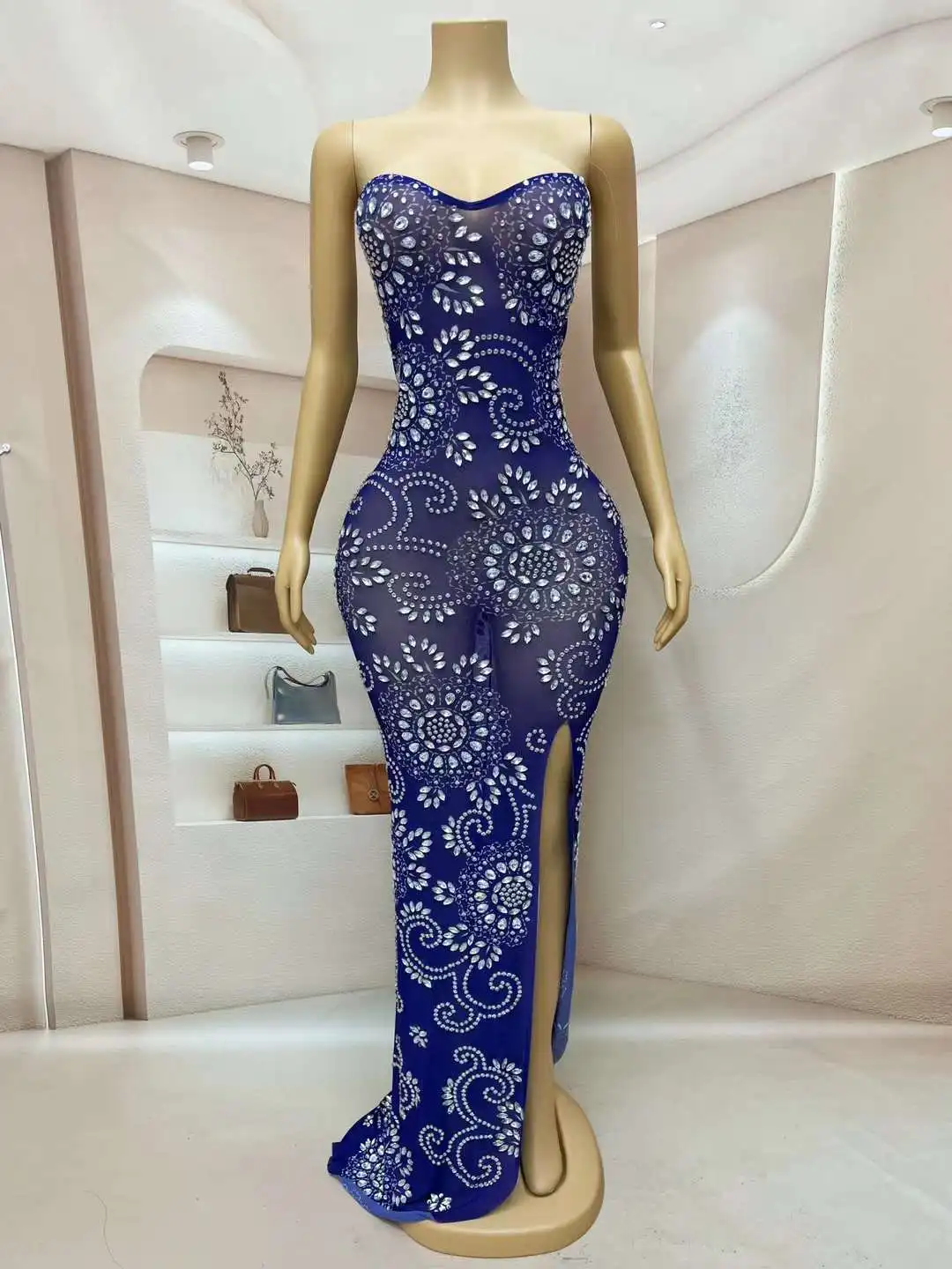 Sexy Luxury Sparkly Rhinestone Blue Dress Women Elegant Strapless Evening Stage Performance Costume Bar Nightclub Curve Dress