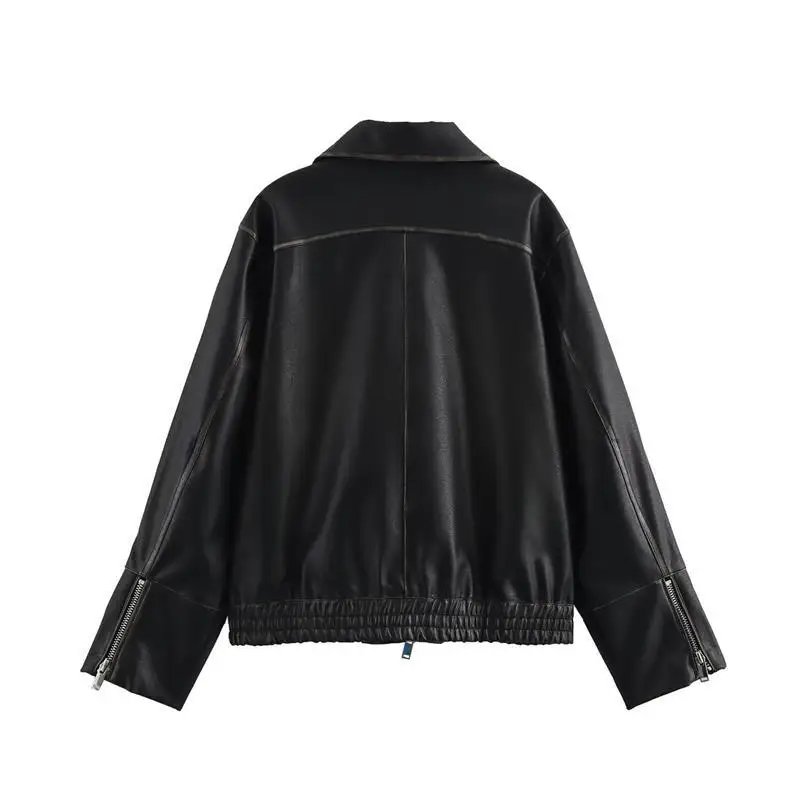 Faionable Long Sve Leather Jaet Outerwear Top Spring New Arrival Versatile B48865 Women's Premium Quali Zipper Design