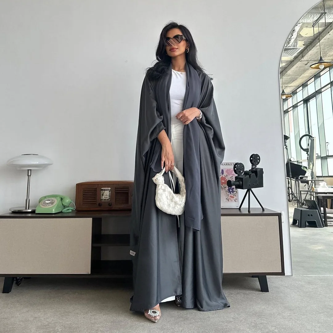 Eid ramadan 2024 luxo cetim aberto quimono abaya dubai batwing manga abayas para mulheres vestido muçulmano roupas islâmicas kaftan robe