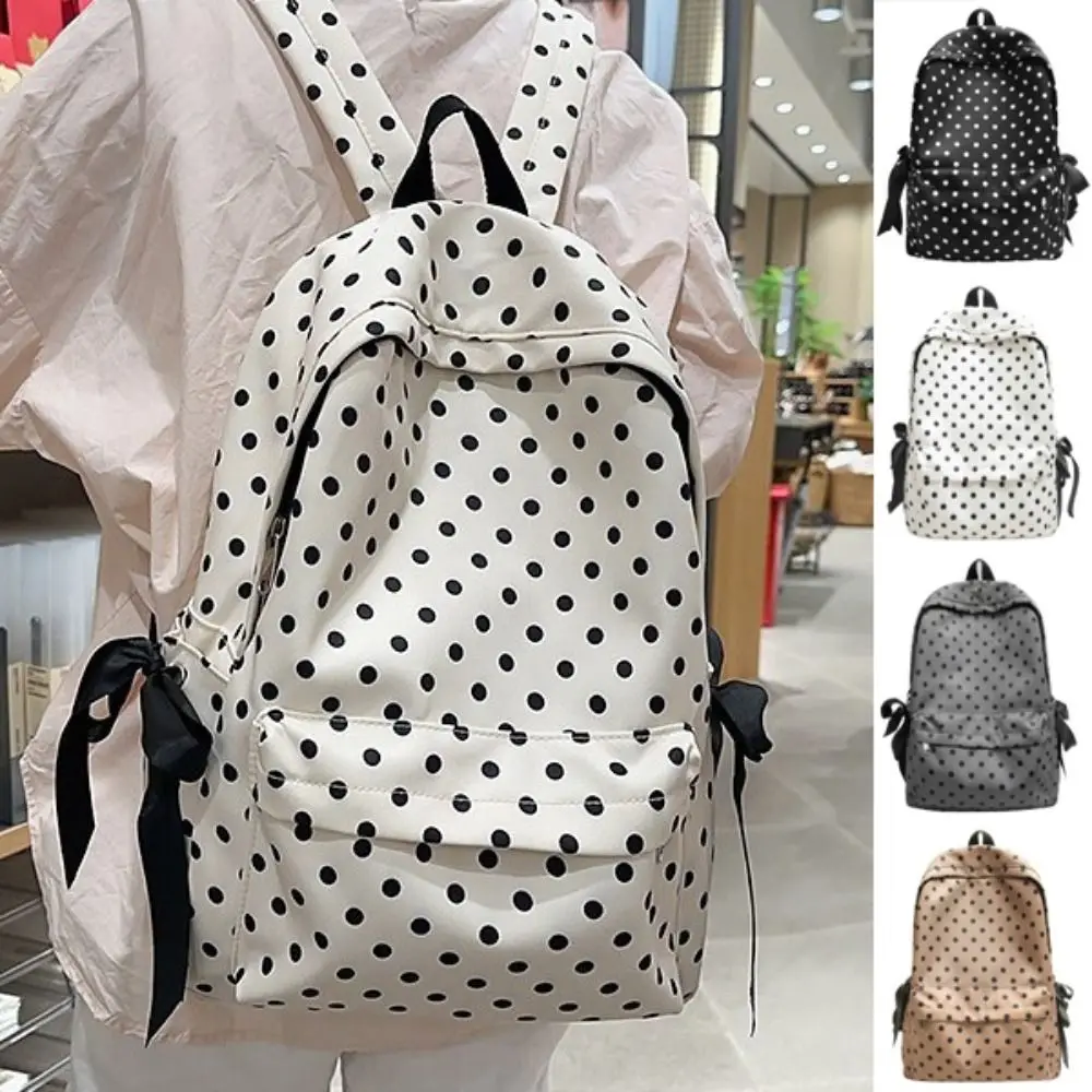 Sweet Polka Dot Backpack Minimalist Bowknot Design Bow Rucksack Large Capacity Multiple Pockets Student School Bag Travel Use