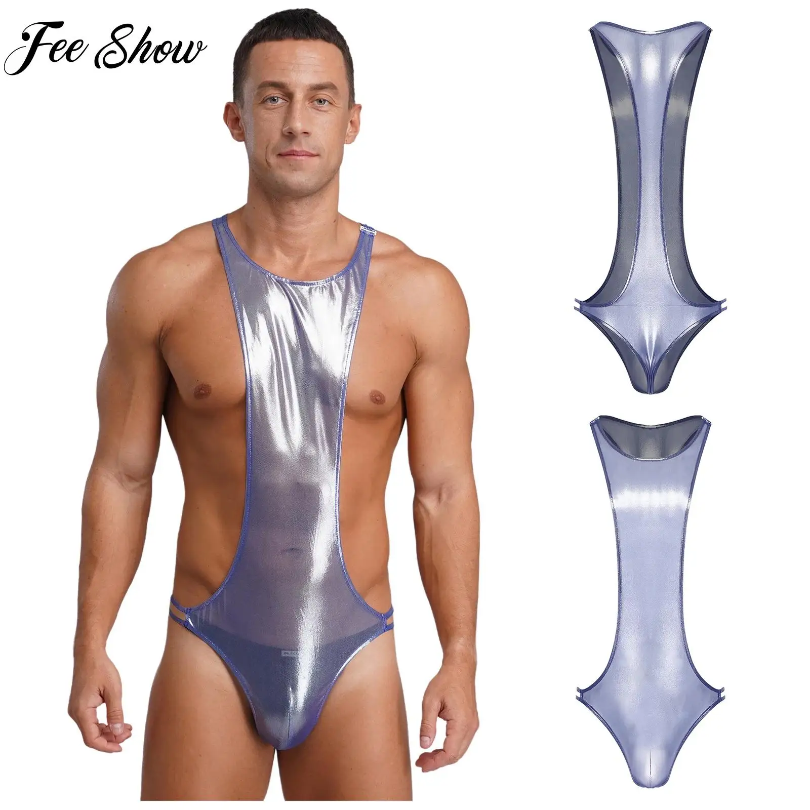 

Sexy Mens Glossy Sheer Mesh Wrestling Bodysuit Sleeveless Sling Singlets One-Piece Mankini Jumpsuit Swimwear for Rave Club Party