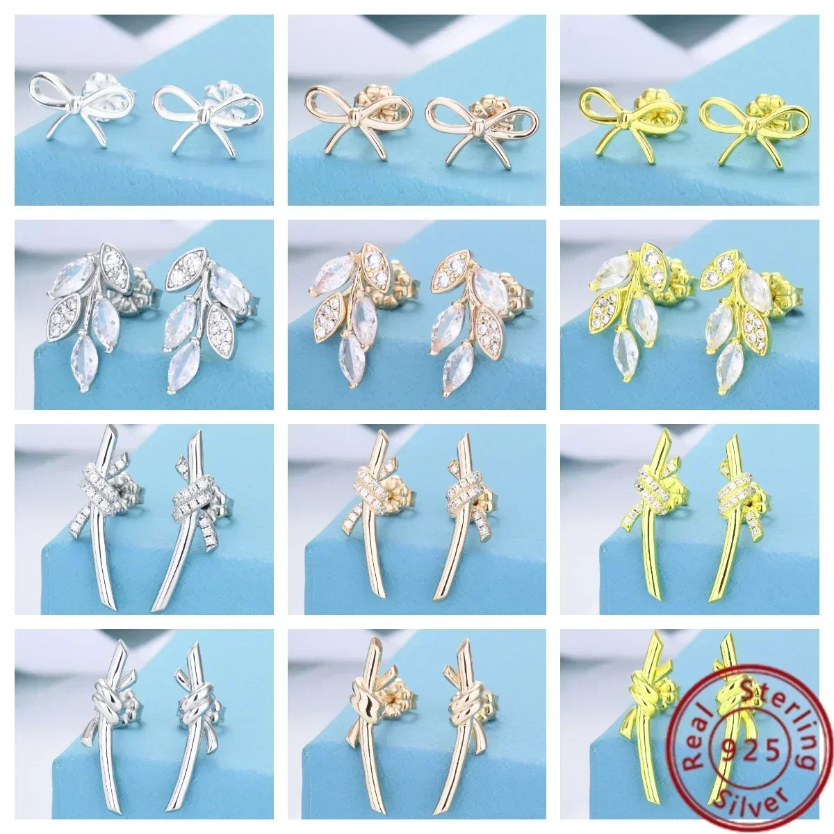 

S925 silver classic design TIF earrings original high quality knot shape leaf and bow shape diamond and glossy optional fashion