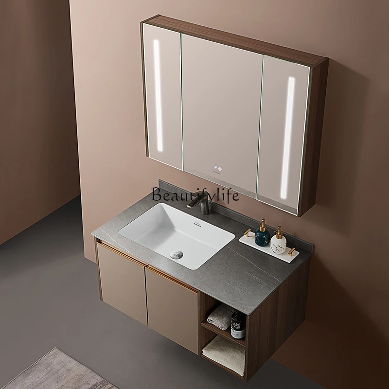 

Solid wood bathroom cabinet combination smart rock slab light luxury bathroom washbasin cabinet