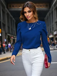 Fashion  Solid Color Casual Elegant Long Sleeve Ruched Blouse - Women's Solid Crew Neck Top for Casual and Formal Wear