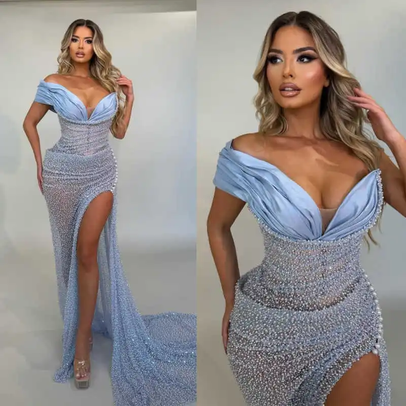 

Sexy Sequins Off Shoulder Prom Gowns High Slit Beadeds Formal Mermaid Evening Dresses Sleeveless Dresses For Women Customized