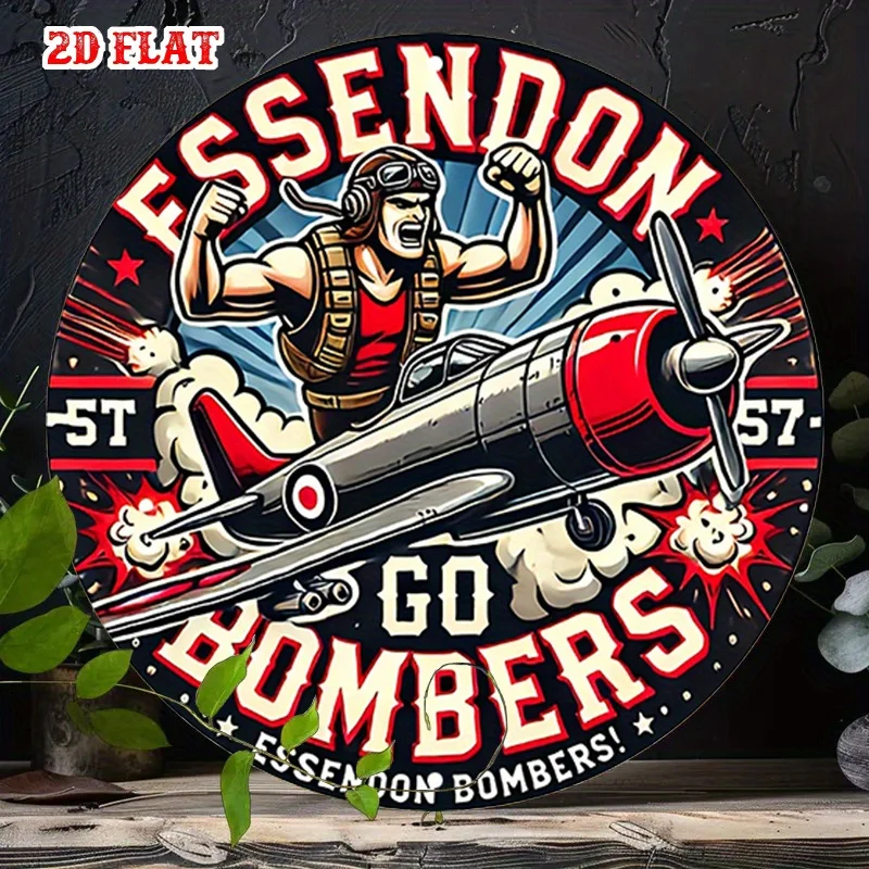 1 Stück Essendon Bombers Vintage Aviation-Themen Rundes Aluminium-Metallblechschild – 7,87 x 7,87 Zoll Rustikale Wandkunst für Zuhause, Garage, ca