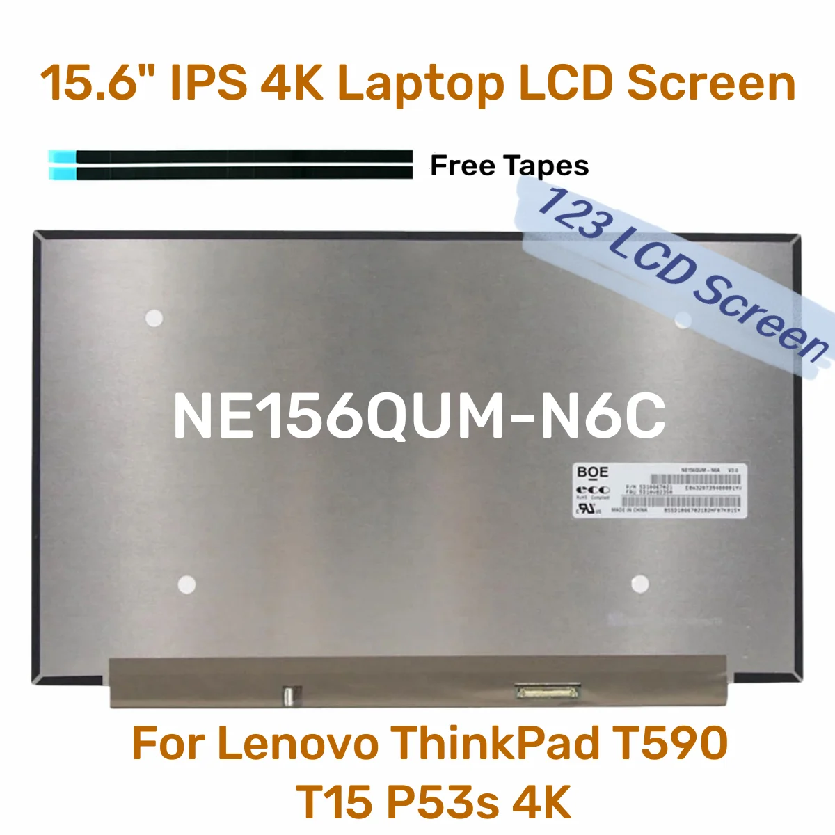 Tela LCD para Lenovo ThinkPad, 4K, 15,6 ", IPS, 4K, NE156QUM-N6C, 5D10V82389, 600 Nits, HDR 400, 100%, Nvac, RGB, UHD3840x2160, 40 pinos