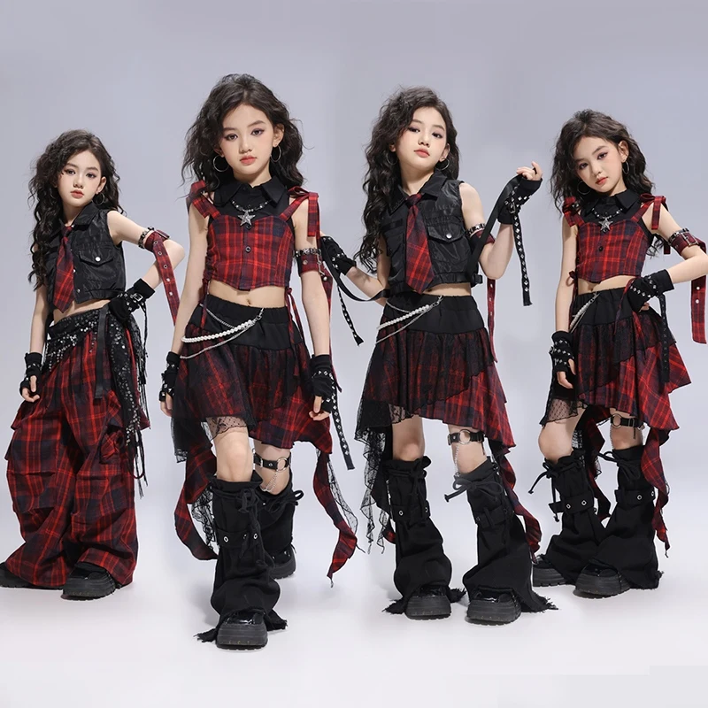 

Cool Punk Jazz Dance Clothes Girls Red Checked Tops Skirt Pants Hip Hop Costume Kpop Cheerlead Dance Performance Outfits BL15403