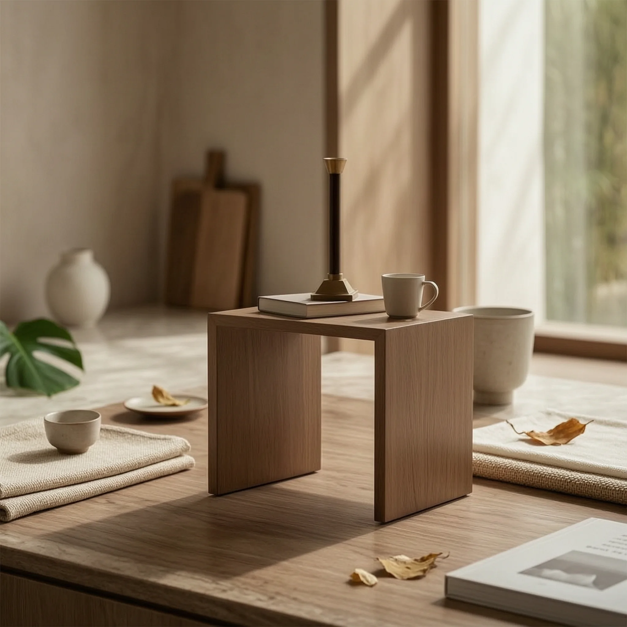 Candle Holder with Geometric Base Wood-Toned Tabletop Candlestick Decorative Candle Holder Slender Sturdy for Home Decor