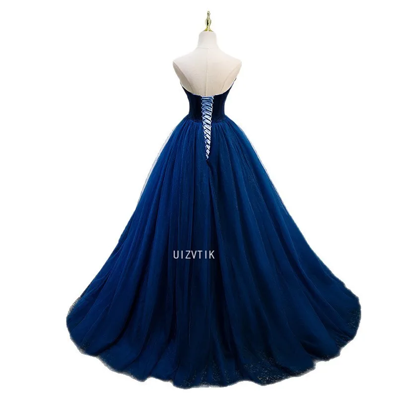 فساتين رسمية طويلة باللون الأزرق الداكن، فستان نسائي أنيق بدون حمالات على شكل حرف a بطول الأرض، فستان حفلات فاخر مخصص للحفلات الراقصة