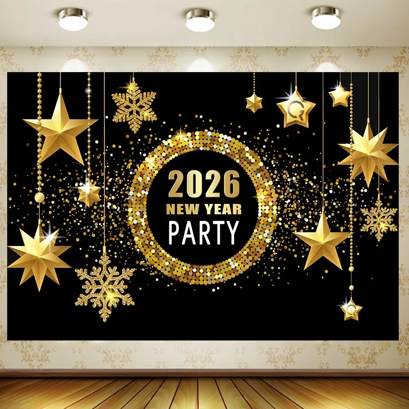 

2026 Happy New Year Theme Party Background Decoration Black Gold Balloon Family Party Banner Decoration