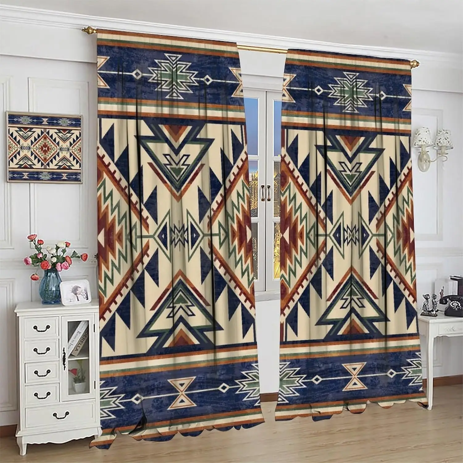 Aztec Blackout Window Curtains, Vintage Native Western Ethnic Tribal Navajo Blue Abstract Geometric Brown Pattern Curtains