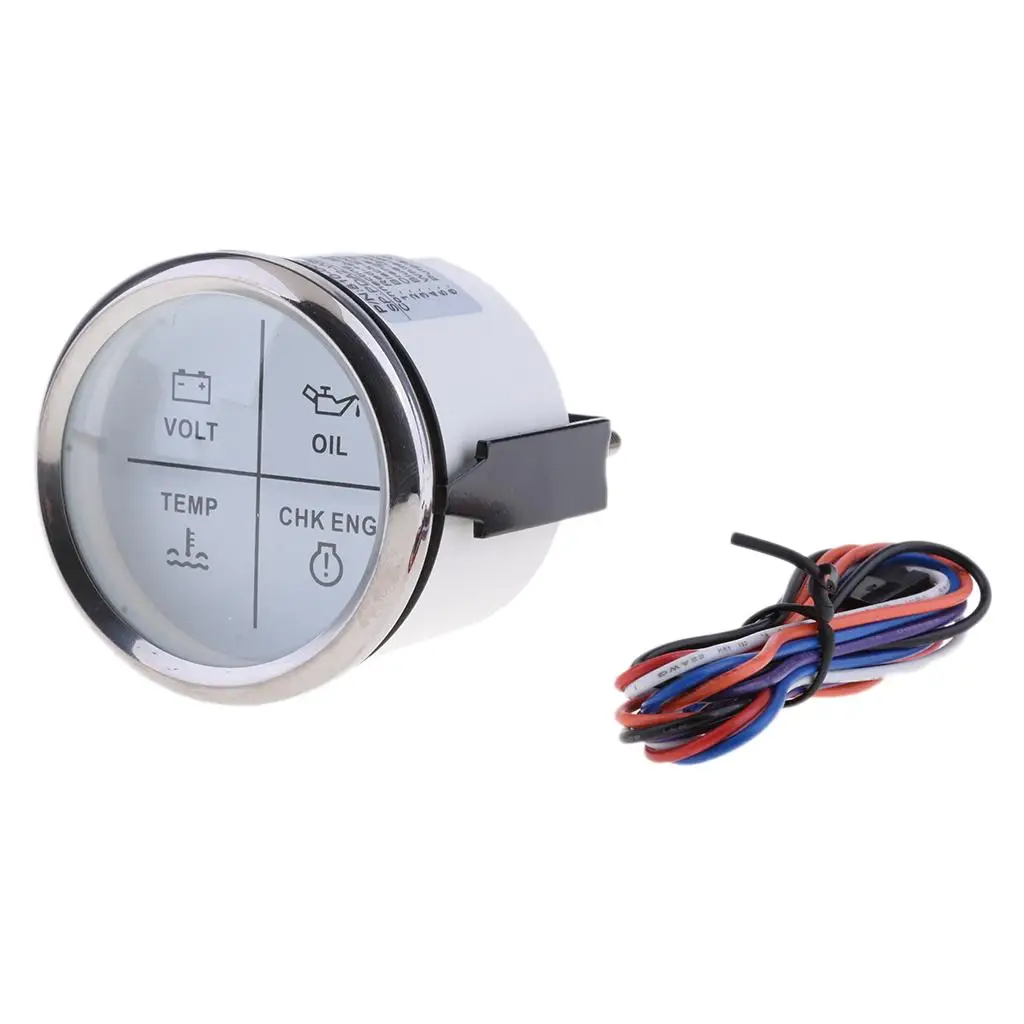 2 "52 มม. 4 LED Alarm Gauge อุณหภูมิน้ํามัน CHK ENG ไฟแสดงสถานะ Chrome สีขาว