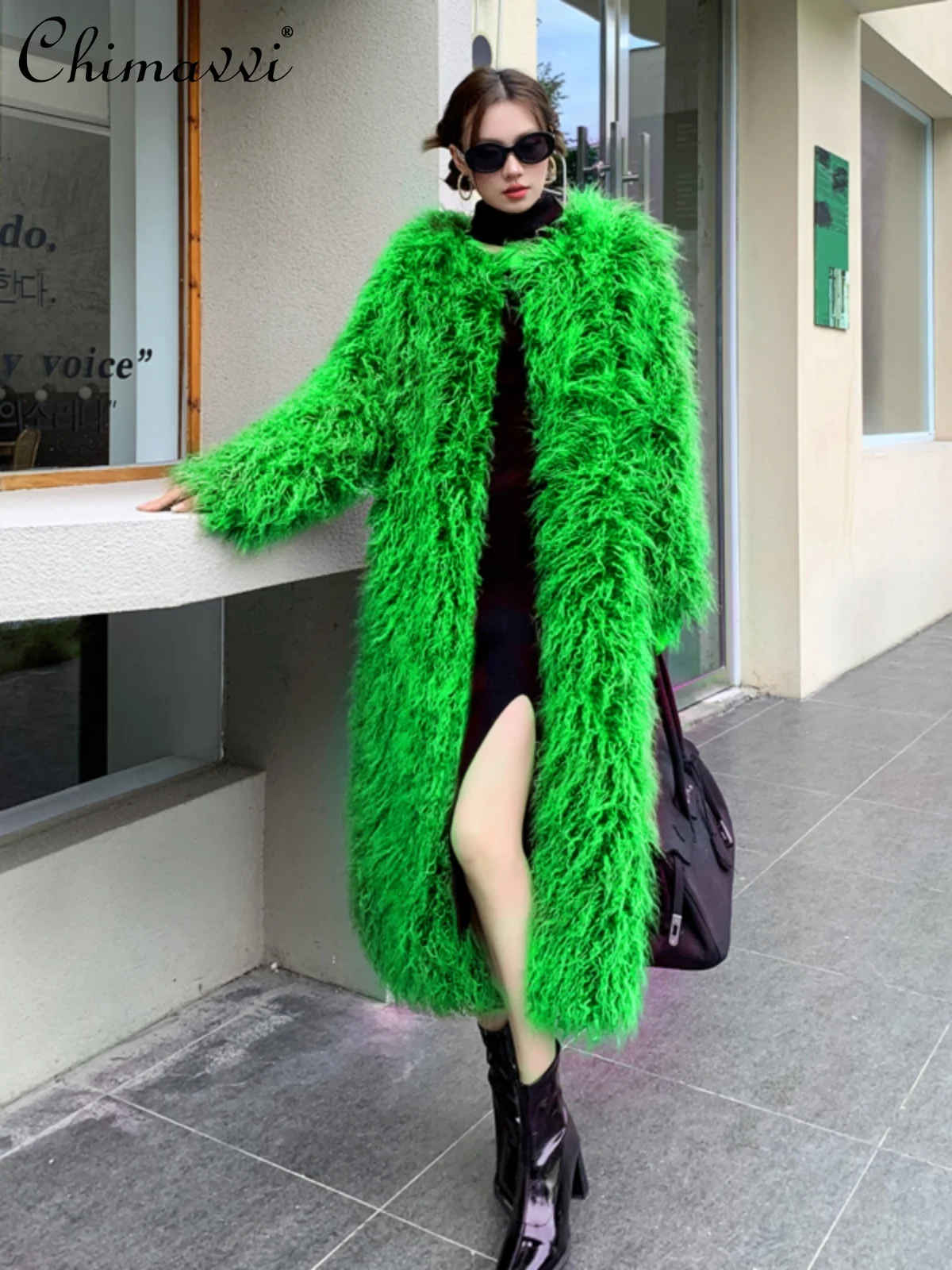 

Autumn and Winter New High-End Luxury Green Furry Fur Coat Fashion Loose-Fit Long Sleeves Mongolia Sheep Fur Long Fur Jacket