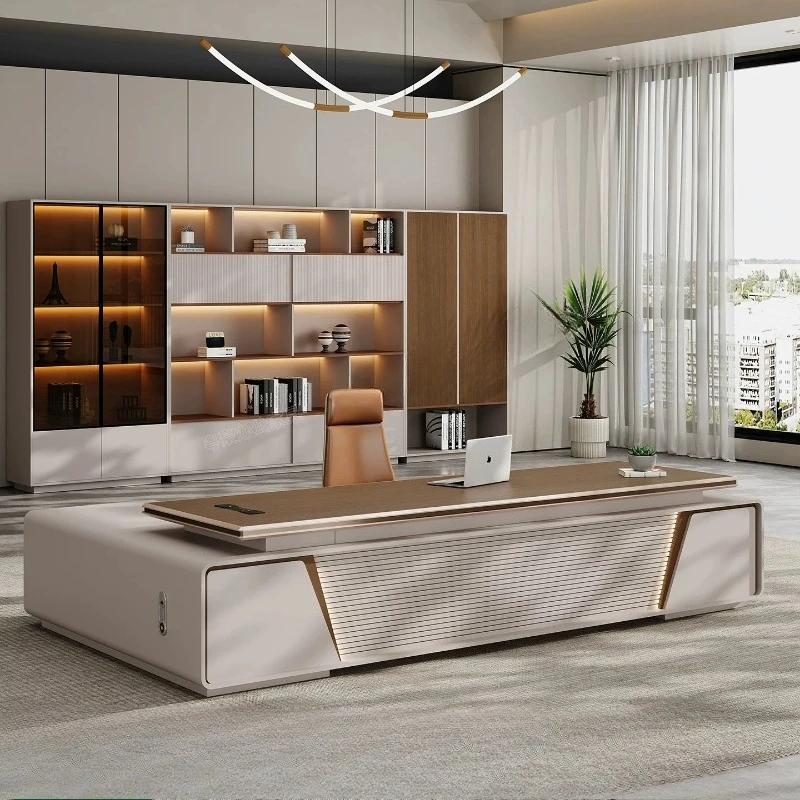 T*-Premium Modern Executive Desk with Built-in LED Light and Power Strip, Luxury Manager Office Desk*-