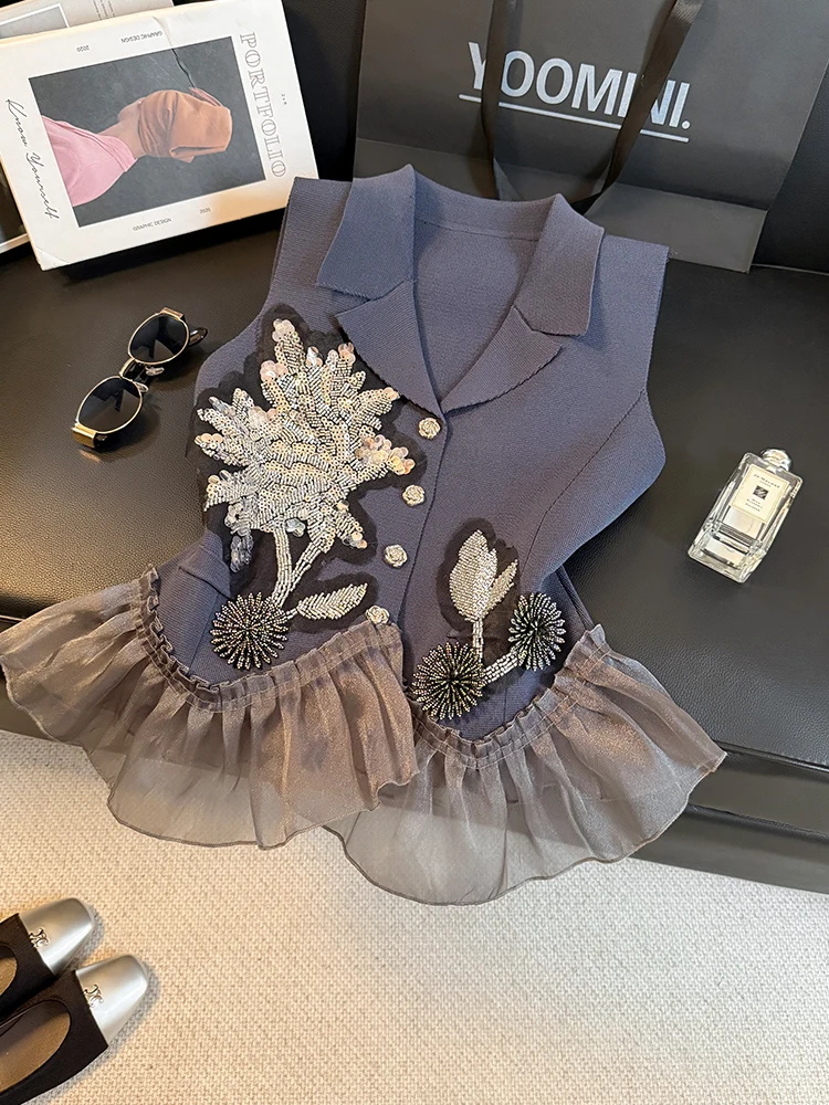 

New Heavy Industry sequined plant flower hem ruffled top with high-end design sense