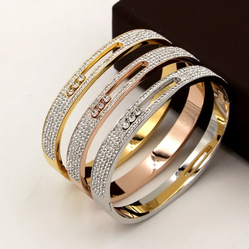 Luxury Brand Stainless Steel Slide Lover Bangles Full Crystal Stone Bracelets for Women Girls Best Gift Buage Fashion Jewelry