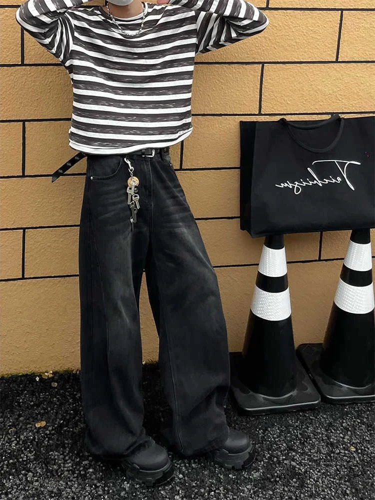 Washed American Retro Men's Jeans High Street Casual Loose Wide Leg Floor-Length Pants Spring Autumn Small Audience Design Sense