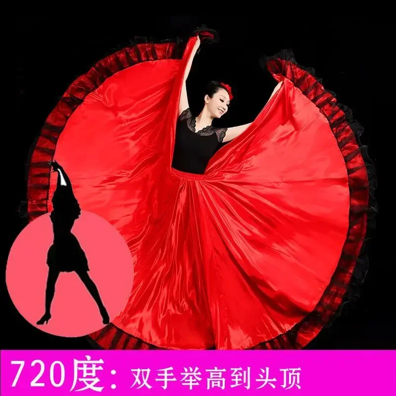 กระโปรงเต้นรำสไตล์ยิปซีสเปน แฟลเมงโก้ สำหรับผู้ใหญ่และเด็ก ผ้าซาตินลายทาง ผ้าไหม ทรงบานใหญ่ สีแดง สำหรับการแสดงเต้นรำแบบทีม