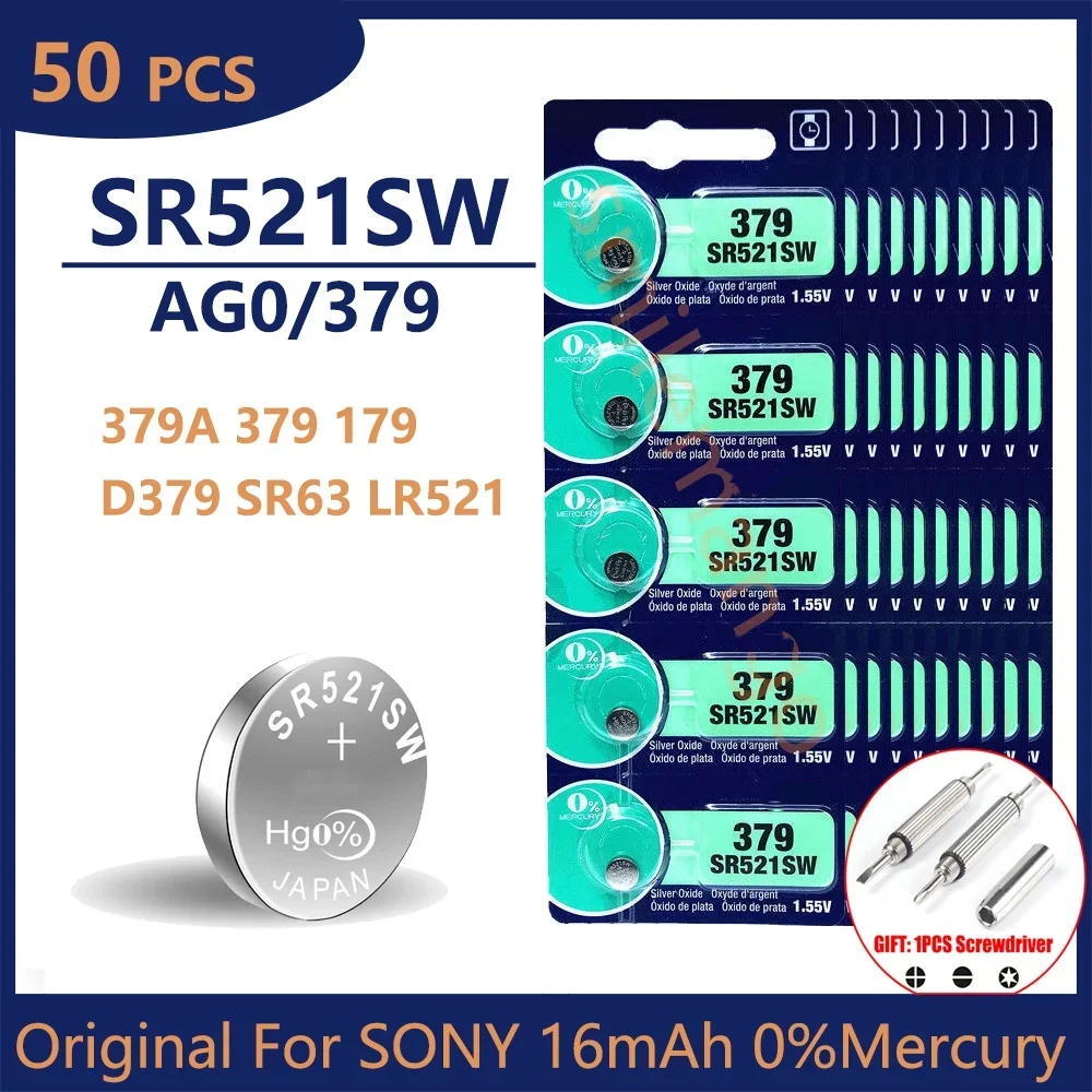 

50PCS Original For SONY LR521 AG0 Button Batteries SR521SW 379A 379 179 D379 SR63 Alkaline Coin Cell Silver OxideWatch Battery