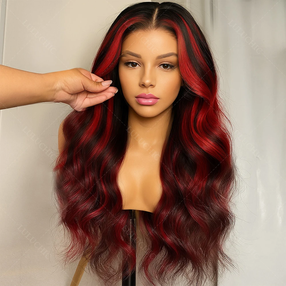 

Ombre Red With Blonde Highlights Body Wave 5x5 Glueless Wigs Human Hair Burgundy for Women Pre Plucked 200 Density Colored Wig