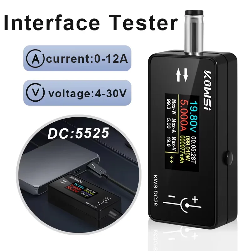 KWS-DC28 Current Voltage Tester 4-30V 12A Interface Tester 0.96 inch TFT Digital DC Voltage Ammeter Cell Phone Charging Tester