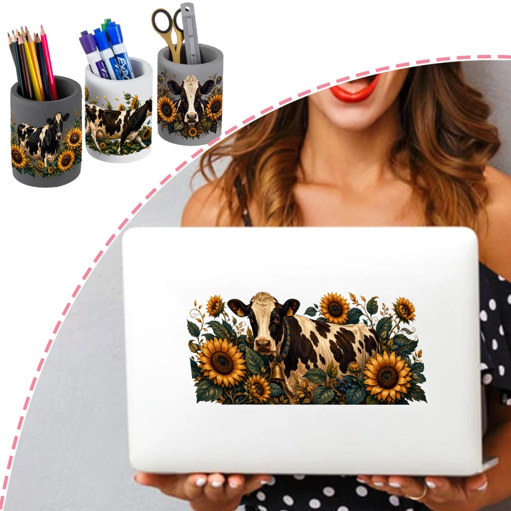 5 Sheets Cow Sunflower Pattern UV DTF Stickers UV DTF Transfer Stickers for Glass Cups DIY Water Bottle Glass Cups Decoration view 5