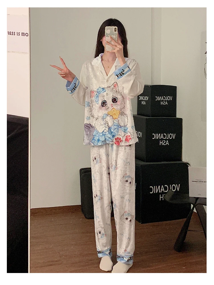 Plus Size Soft Golden Velvet Pajamas Women's Sweet Cartoon Cat Long Sleeve Trousers Winter Spring Outer Wear Home Clothes Suit