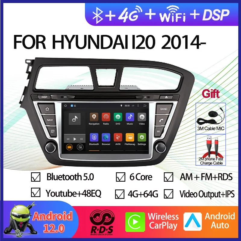 Android 12 Octa Core Car Radio Stereo Multimedia DVD Player For Hyundai I20 2014- Left Driving Auto GPS Navigation