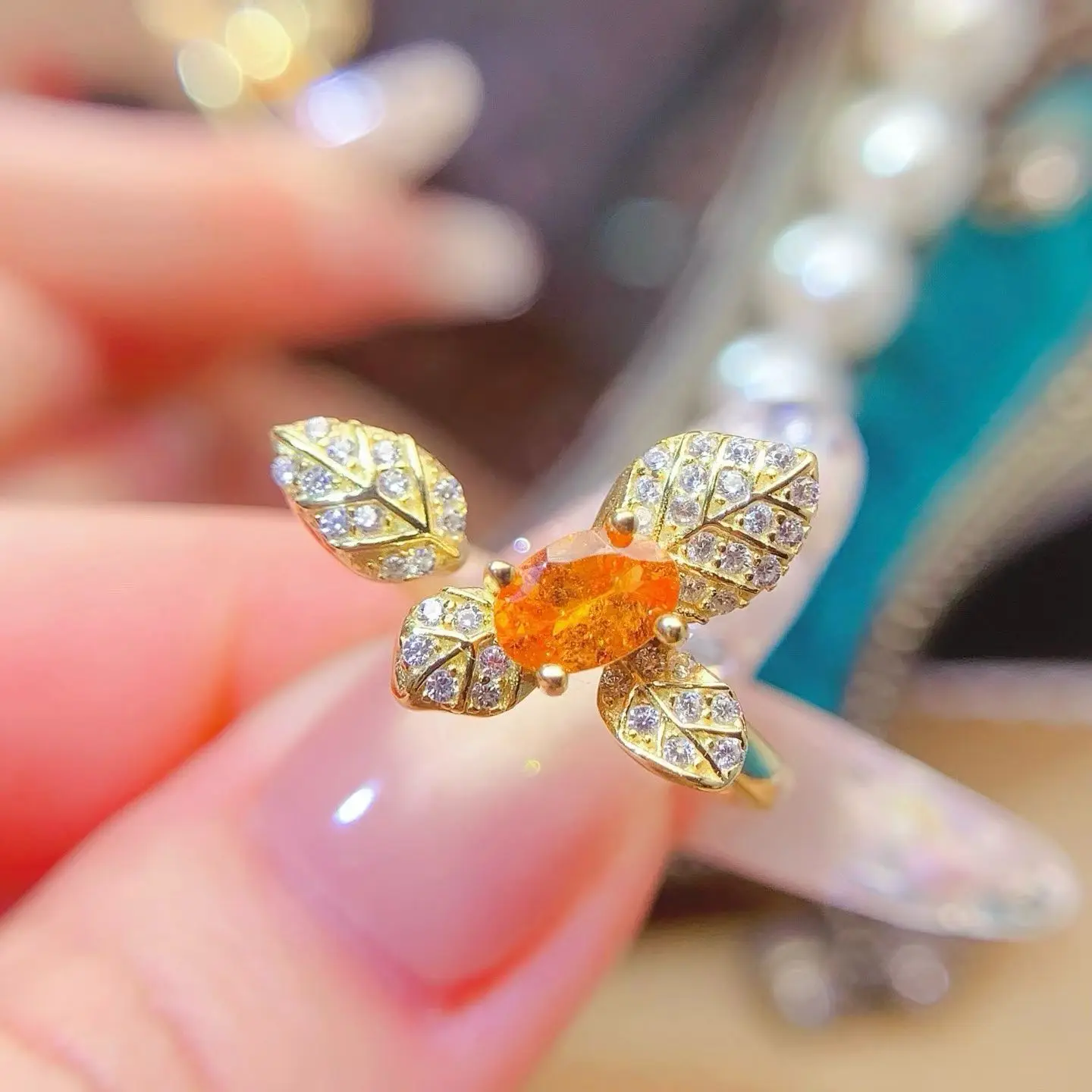 Adjustable 925 Silver Leaves Ring 4x6mm 0.5ct Natural Fanta Garnet Ring with Certificate Silver Mandarin Garnet Jewelry