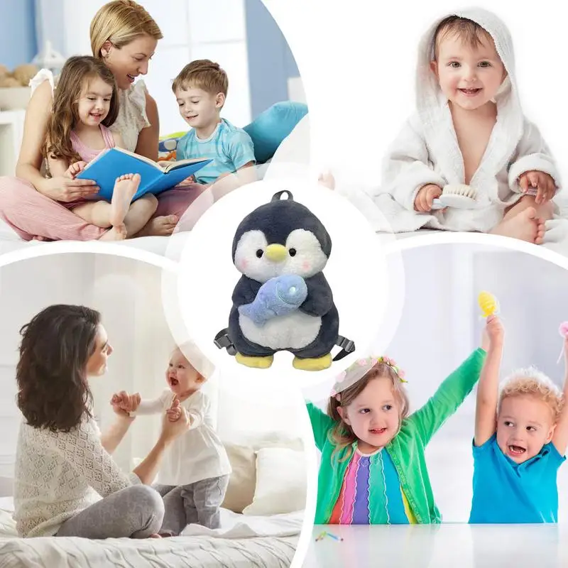 Plush Penguin Backpack Adjustable Shoulder Straps Penguin Stuffed Backpack Cartoon Tote Bag For School Soft Little Shoulder